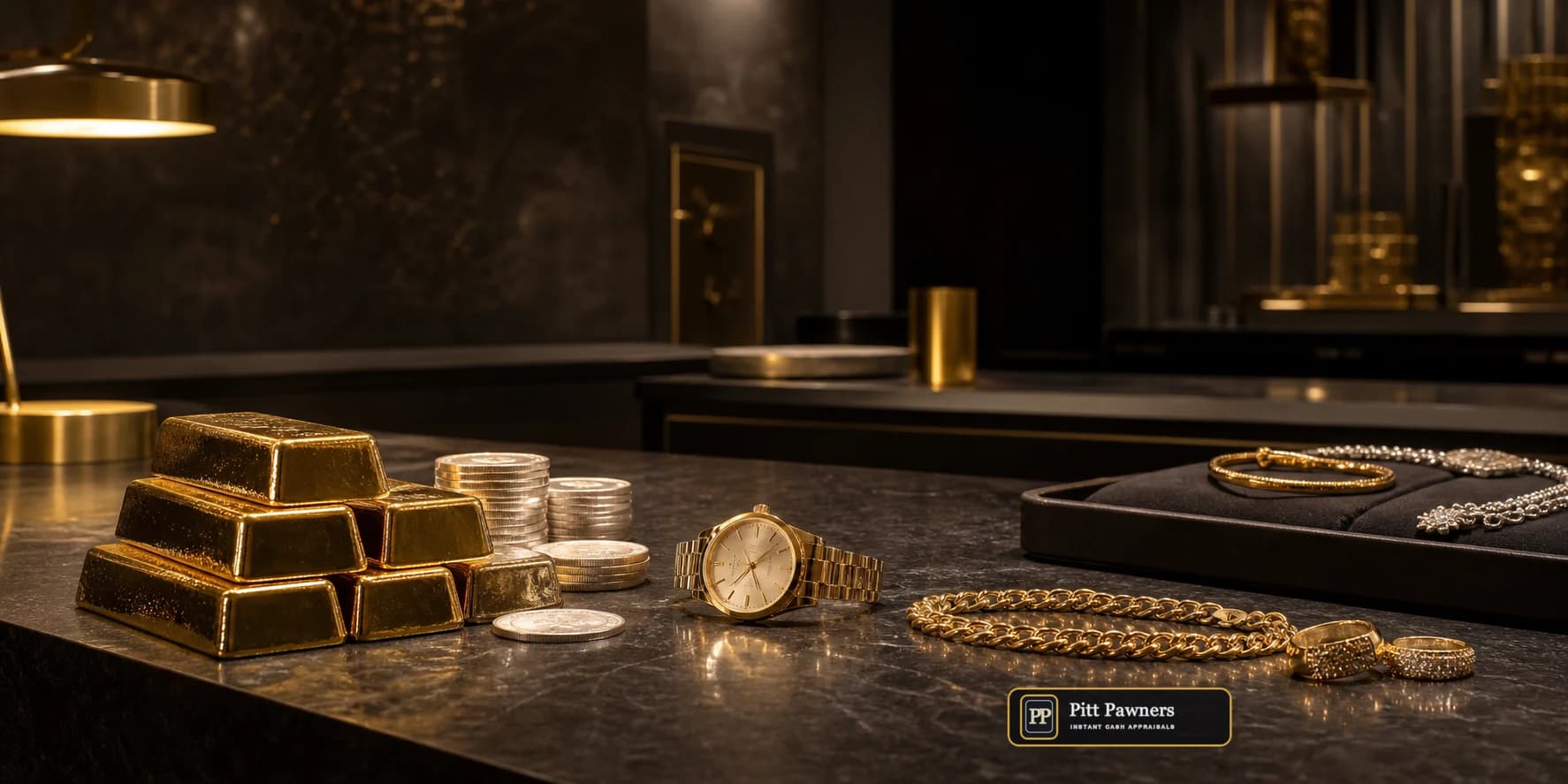 Pitt Pawners luxury appraisal desk with gold, silver, jewellery and a premium watch