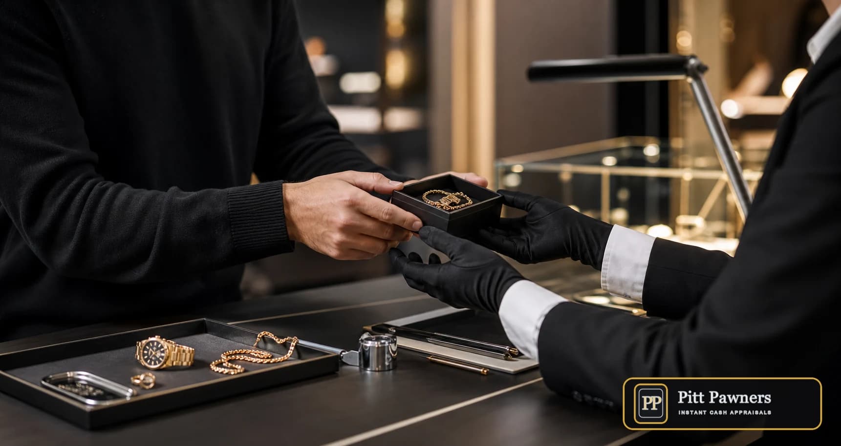 Pitt Pawners branded appraisal counter handoff